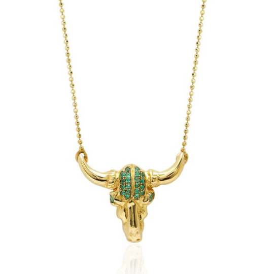 Bull Skull Necklace with Emeralds