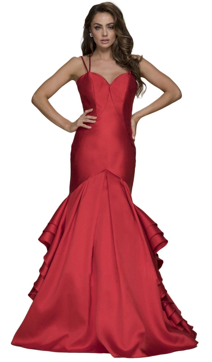 Sweetheart Bodice Ruffled Mikado Trumpet Evening Gown