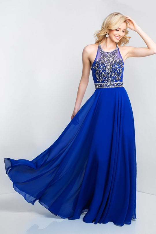 Blush - C1036 Crystal Adorned Illusion Jewel A-Line Gown In Blue