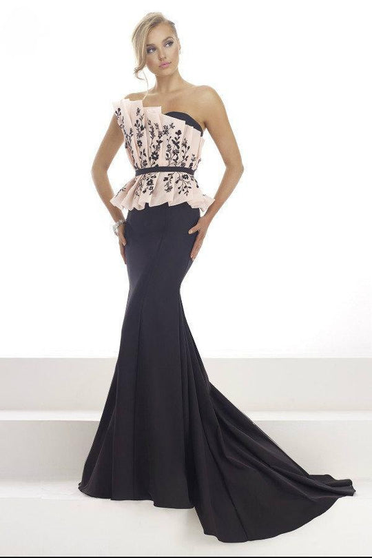 Janique C1688 Embroidered Pleated Peplum Long Evening Gown In Black and  Pink