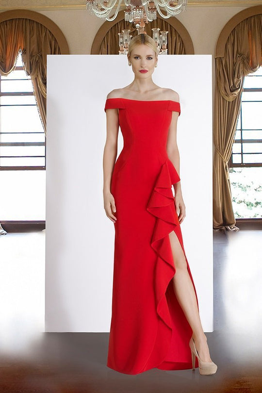 Janique - C1870 Ruffled Off-Shoulder Sheath Dress In Red