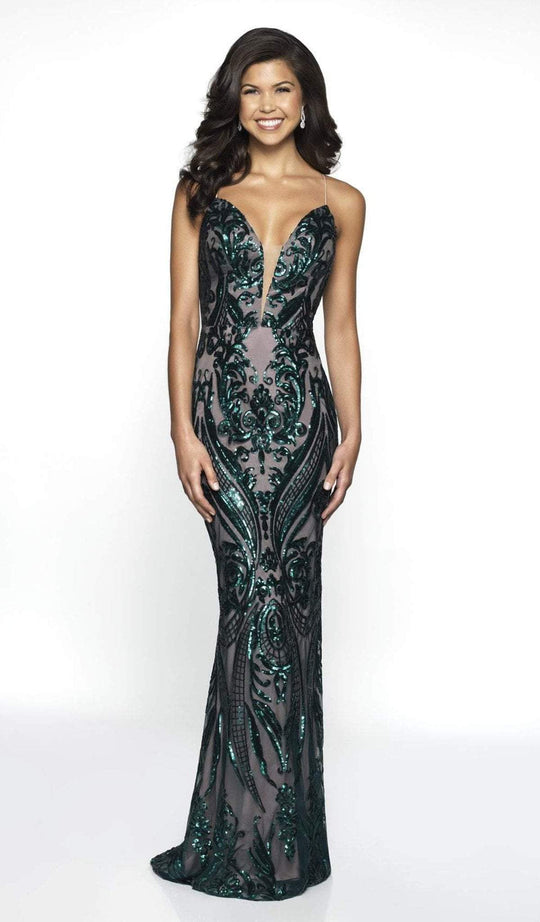 Blush by Alexia Designs - C2031 Sequined Deep V-neck Sheath Dress In Green and Nude