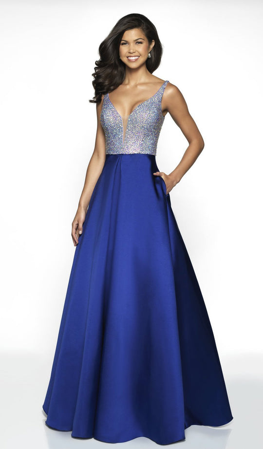 Blush by Alexia Designs - C2042 Beaded Plunging V-Neck Gown  In Blue