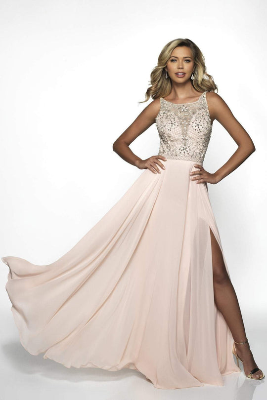 Blush by Alexia Designs - C2081 Beaded A-Line Dress with Slit In Pink and Neutral