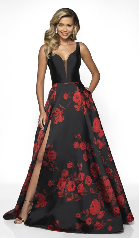 Blush by Alexia Designs - C2083 Floral A-Line Gown with Slit In Red and Black