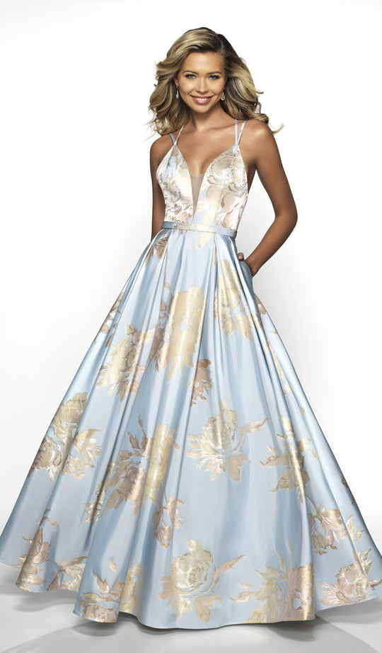 Blush by Alexia Designs - C2094 Plunging V-Neck Pleated Ballgown In Blue and Gold