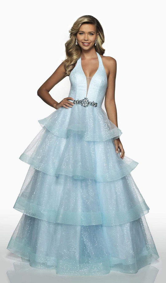 Blush by Alexia Designs - C2107 Plunging Halter Ruffled Gown In Blue
