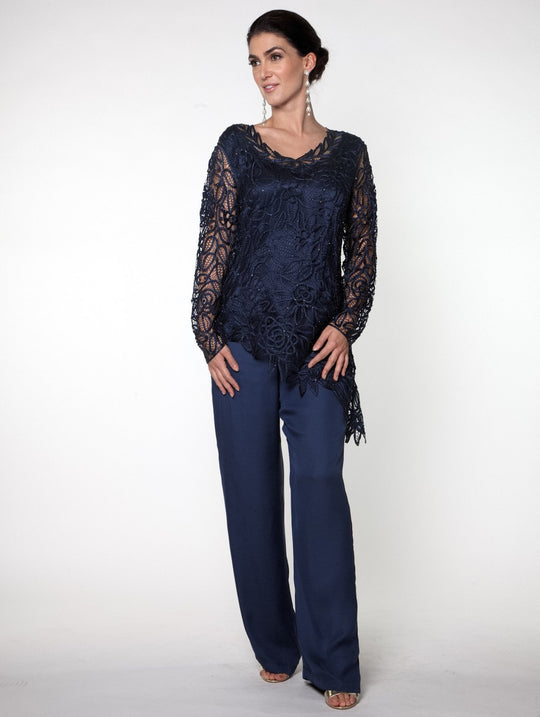 C805803 Asymmetrical Silk Lace Tunic Pants Set