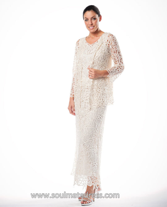 C80952 Embroidered Floral Lace Three Piece Evening Gown