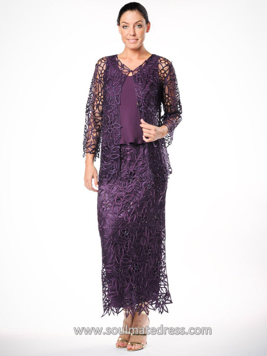 C80922 Embroidered Floral Lace Three Piece Evening Gown