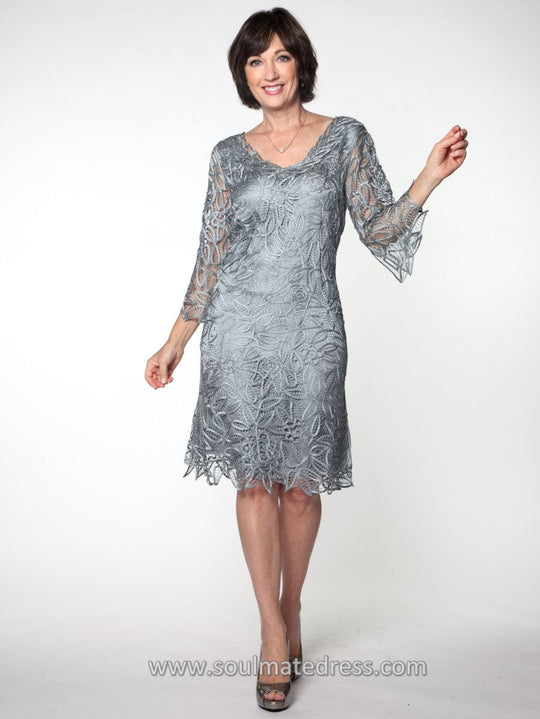 C903 Crochet Lace V-Neck 3/4 Bell-Sleeve Dress