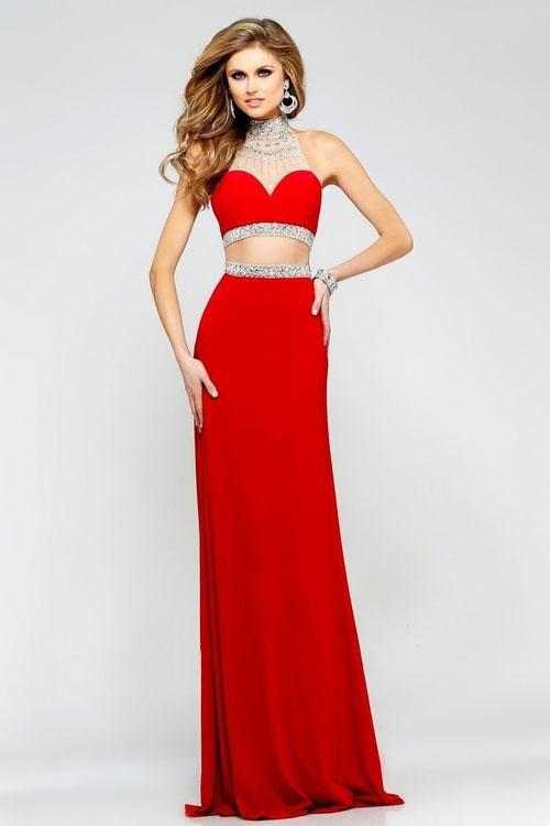 Faviana - Embellished Two Piece A-Line Gown in Red