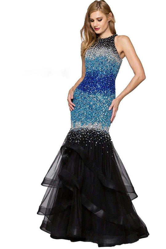 Colors Couture - J041 Bejeweled Mermaid Evening Gown in Black and Blue