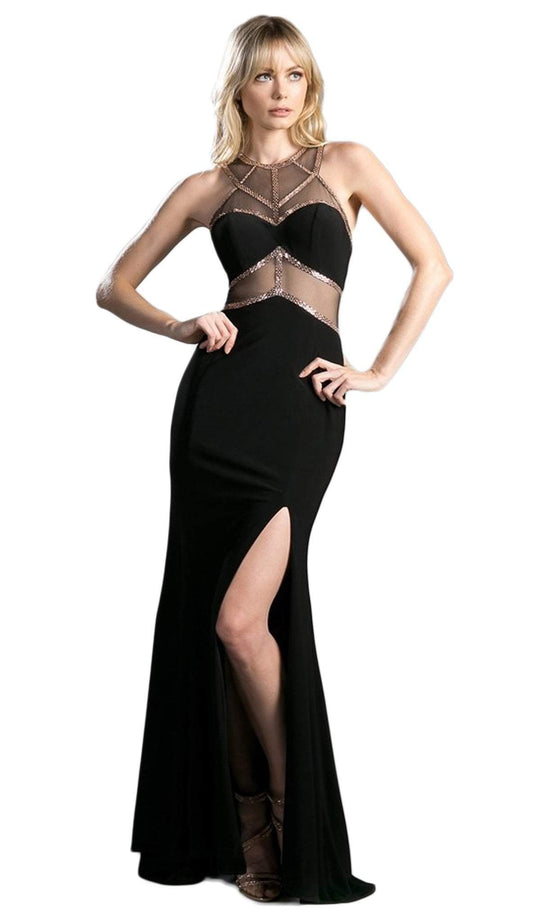 Cinderella Divine - Sleeveless Embellished Sheer Halter Fitted Dress
