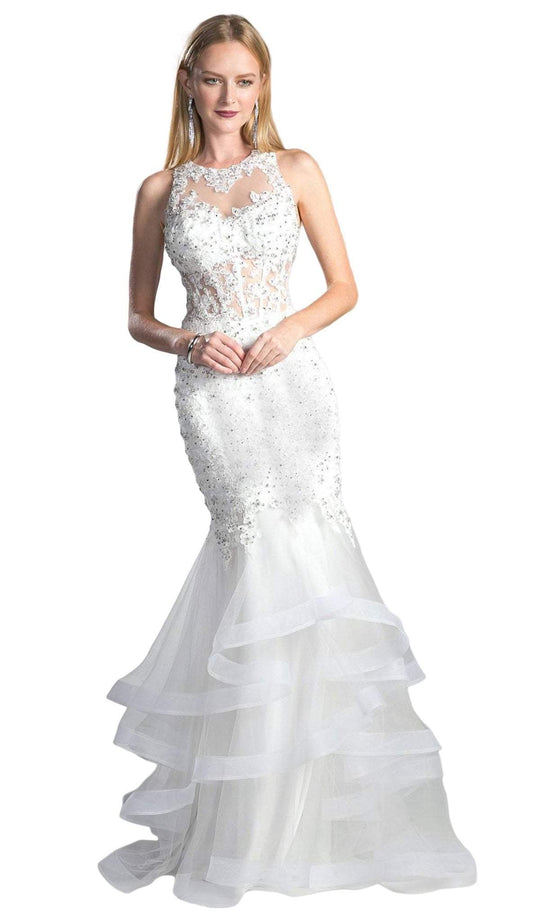 Cinderella Divine - CD196 Applique Jewel Tiered Trumpet Dress In White