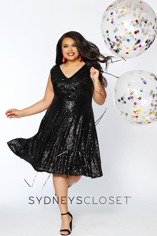 Sydney's Closet - CE1901 Allover Sequin V Neck A-Line Cocktail Dress In Black