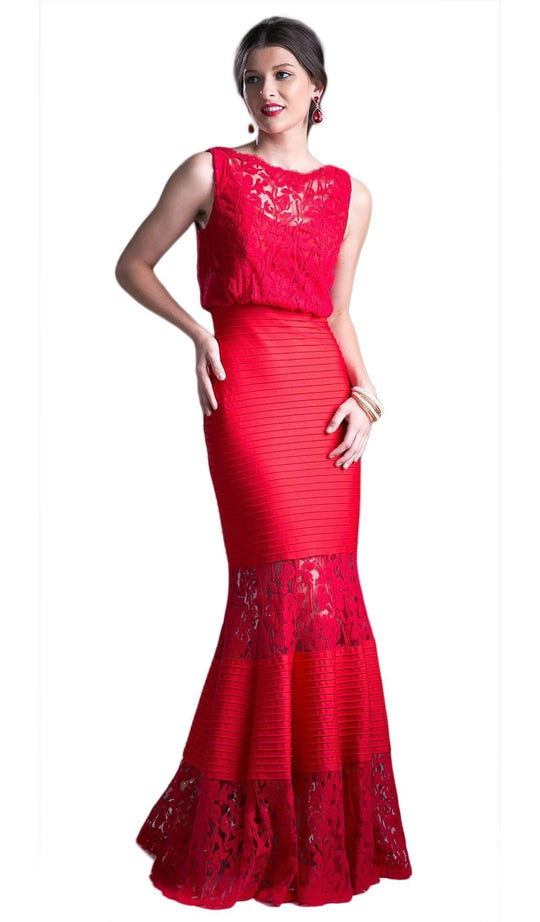 Cinderella Divine - CF138 Lace Bateau Mermaid Evening Gown In Red