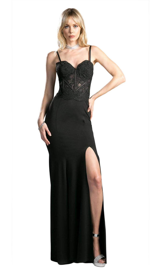 Cinderella Divine - CF266 Lace Applique Bodice Jersey Evening Dress In Black