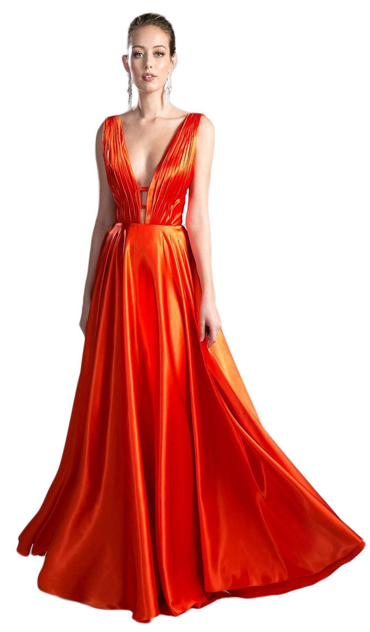 Pleated Deep V-neck Satin A-line Dress