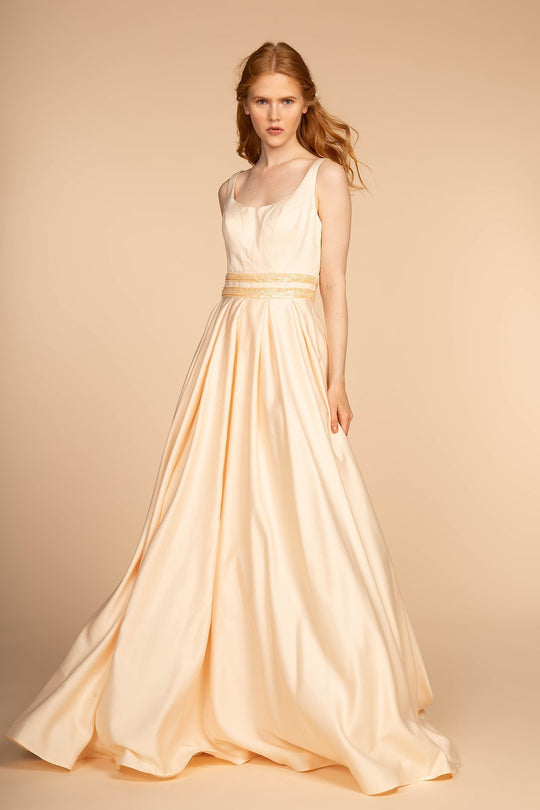 Elizabeth K - GL2531 Sleeveless Sheer Lace Applique Back Satin Gown In Yellow