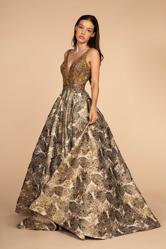 Elizabeth K - GL2536 Embroidered Deep V-neck Ballgown In Gold