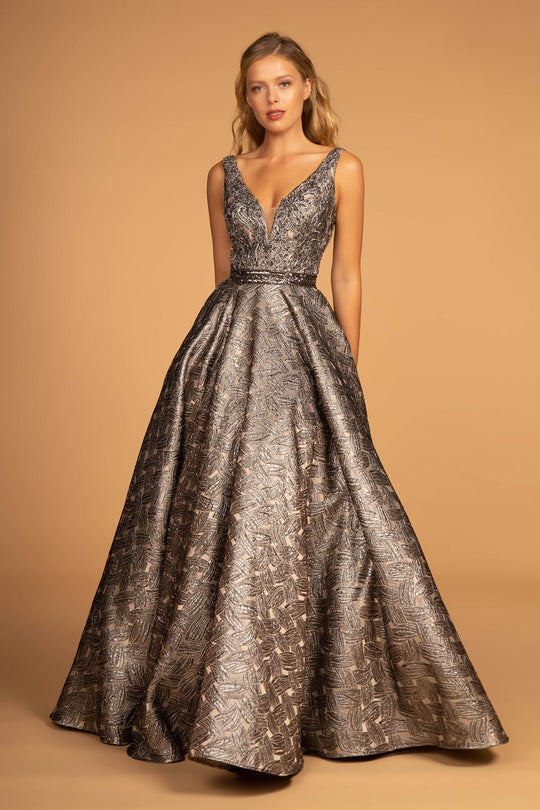 Elizabeth K - GL2539 Embroidered Deep V-neck Jacquard Ballgown In Silver