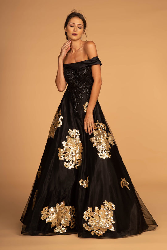 Elizabeth K - GL2542 Sequin Embellished Off-Shoulder Evening Gown In Black