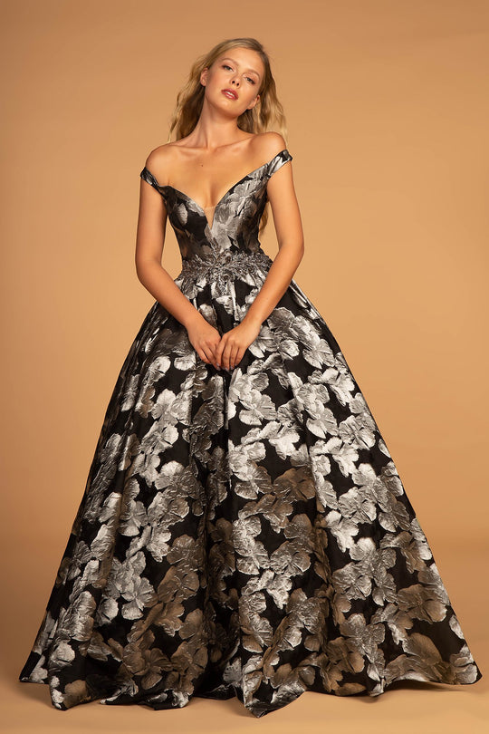 Elizabeth K - GL2545 Embellished Floral Print Deep V-neck Ballgown In Silver