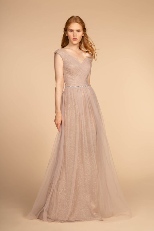 Elizabeth K - GL2560 Cap Sleeve Ruched Mesh Long Gown In Pink