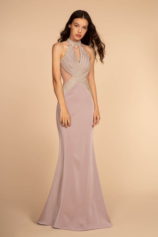 Elizabeth K - GL2573 Embellished High Halter Trumpet Dress In Pink