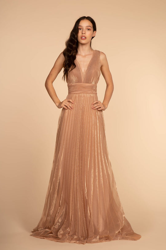 Elizabeth K - GL2574 Pleated Deep V-neck A-line Dress In Pink And Gold