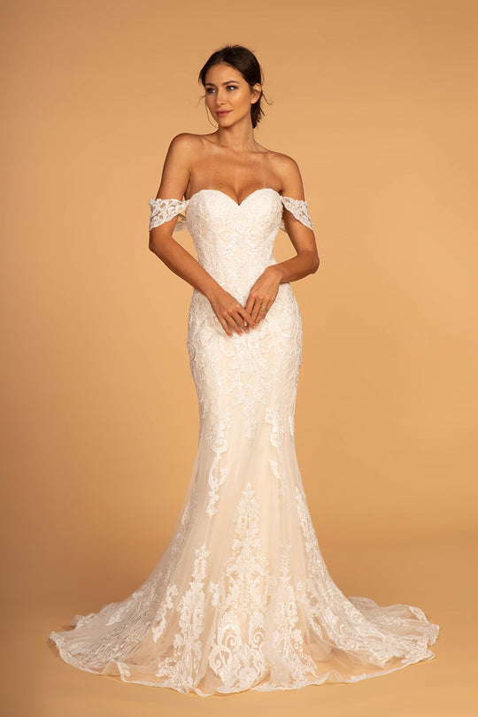 Elizabeth K - GL2591 Lace Off-Shoulder Mermaid Gown In White and Neutral