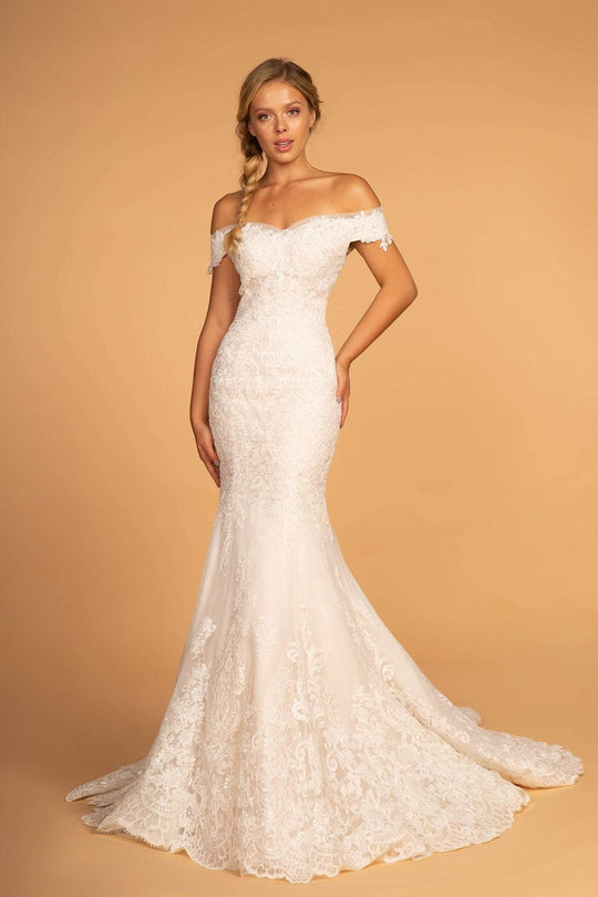 Elizabeth K Bridal - GL2594 Lace Off-Shoulder Mermaid Dress With Train In White