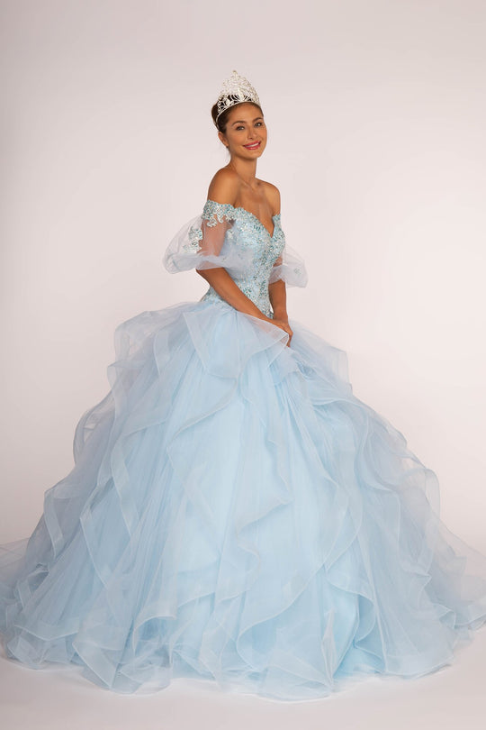 Elizabeth K - GL2601 Beaded Off-Shoulder Ruffed Ballgown In Blue
