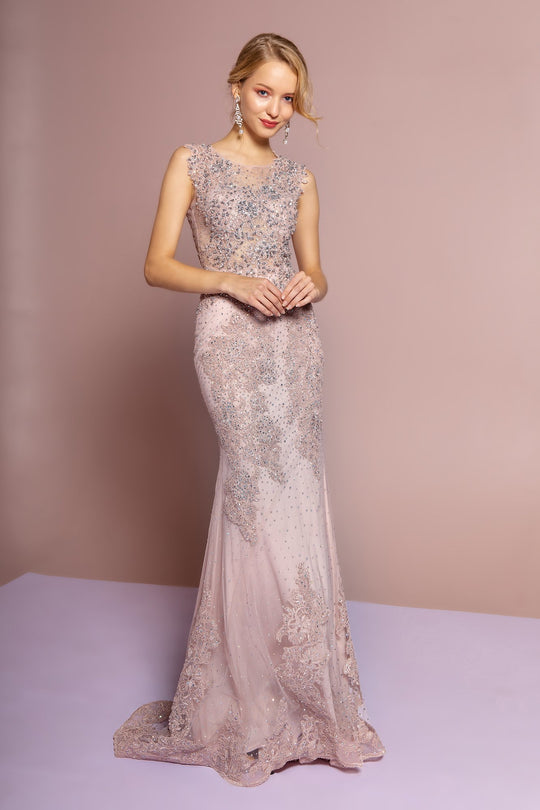 Elizabeth K - GL2616 Cap Sleeve Appliqued Illusion Mermaid Gown In Pink