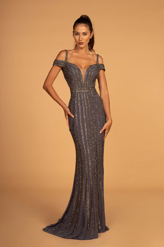 Elizabeth K - GL2629 Embellished Deep Off-Shoulder Trumpet Dress In Gray