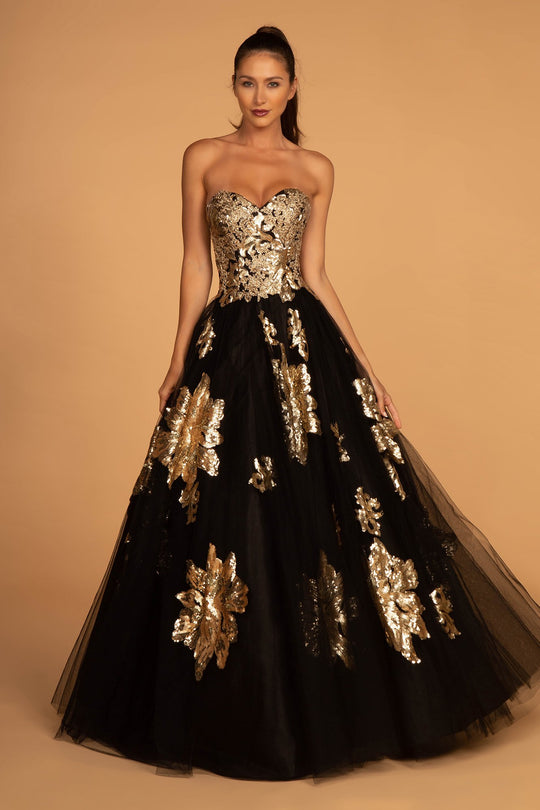 Elizabeth K - GL2654 Gold Embellished Strapless A-Line Gown In Black