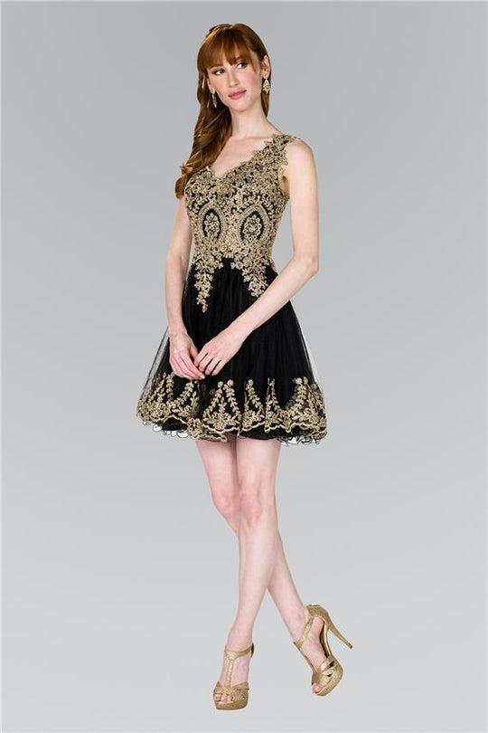 Elizabeth K - GS2403 Gold Lace Applique Tulle Cocktail Dress In Black