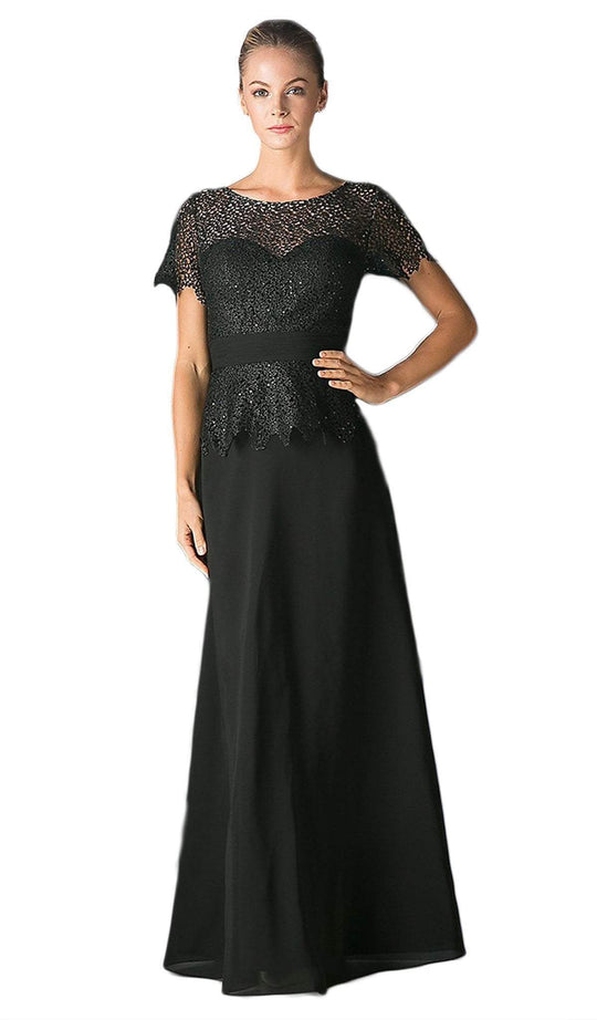 Cinderella Divine - Lace Short Sleeve Illusion Bateau Sheath Dress in Black