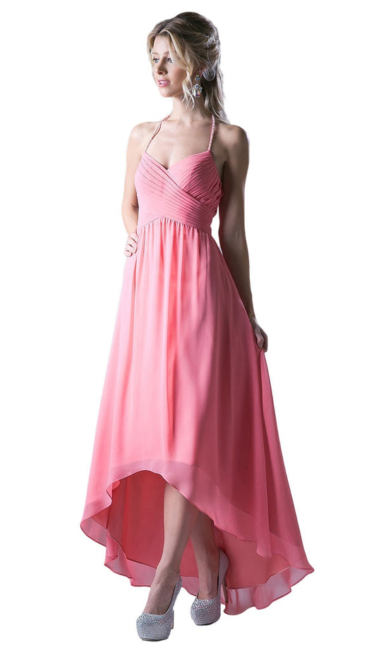 Cinderella Divine - Embellished Halter High Low A-line Dress in Pink