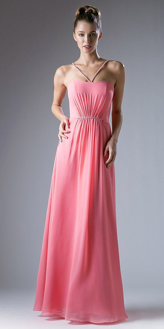 Cinderella Divine - CH529 Beaded Spaghetti Straps Chiffon A Line Gown In Pink and Orange
