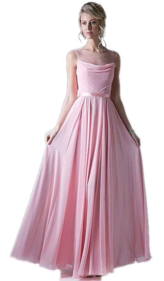 Cinderella Divine - Sleeveless Illusion Bateau Pleated A-line Dress in Pink