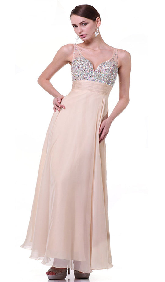 Sleeveless Bedazzled Plunging V-neck A-line Dress