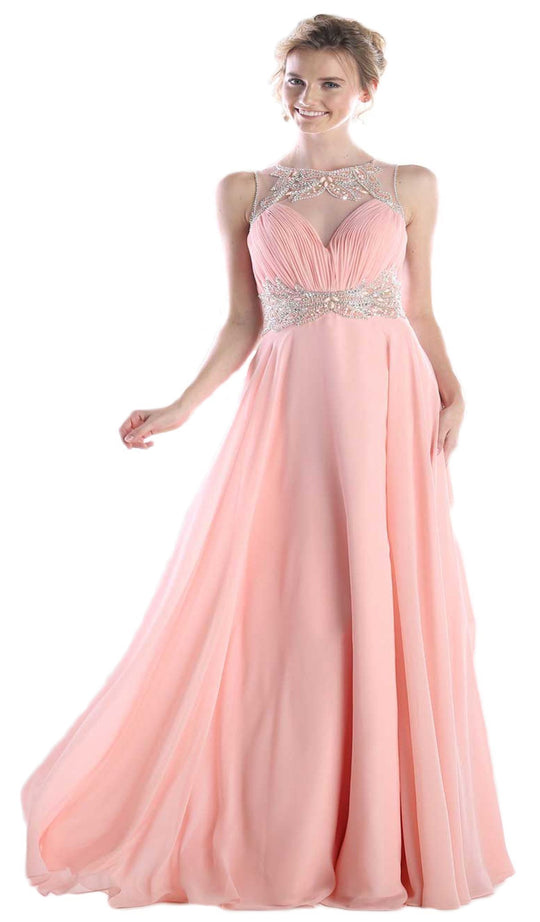 Cinderella Divine - Embellished Illusion Bateau Chiffon A-line Dress