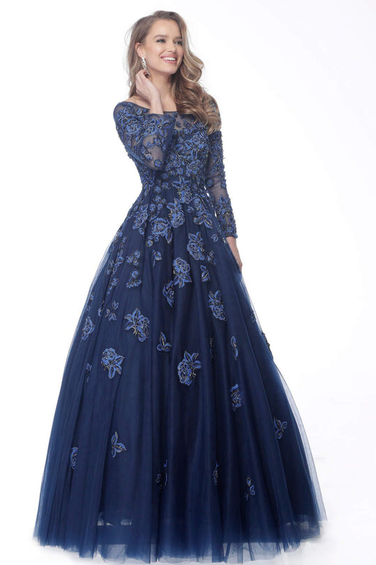 Jovani - 57127 Floral Embroidered Long Sleeve Tulle Ballgown In Blue