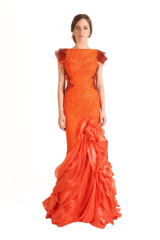 Beside Couture by Gemy - CPF12 3202 Lace Ruffled Mermaid Dress In Orange