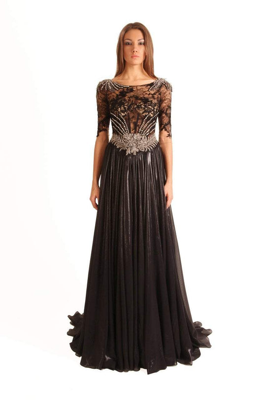 Beside Couture by Gemy - CPF12 3216 Jeweled Lace A-line Dress In Black