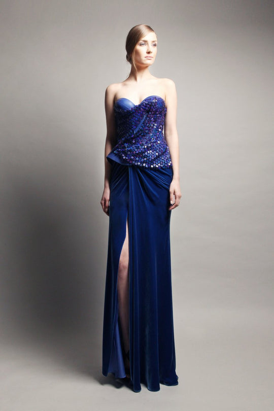 Beside Couture by Gemy - CPF13 3655 Beaded Strapless Dress with Sit In Blue