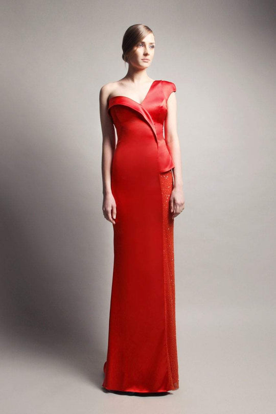 Beside Couture by Gemy - CPF13 3683 Bedazzled Asymmetric Sheath Dress In Red