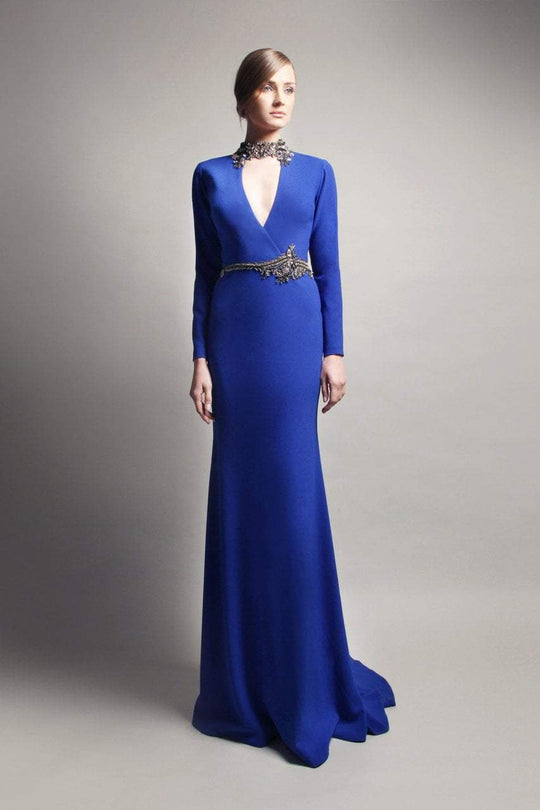 Beside Couture by Gemy - CPF13 3685 Bejeweled High Neck Sheath Dress In Blue